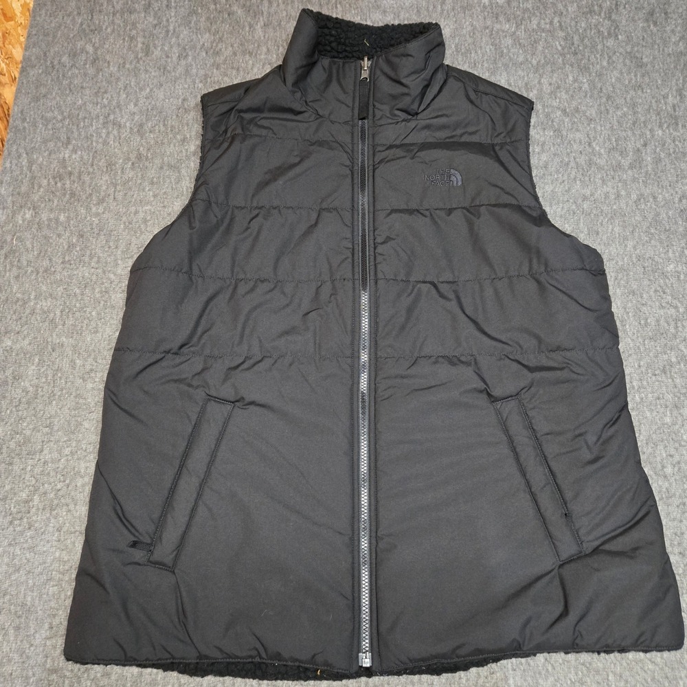 The North Face Reversible Mossbud Swirl Vest Womens XL Black Sherpa Puffer